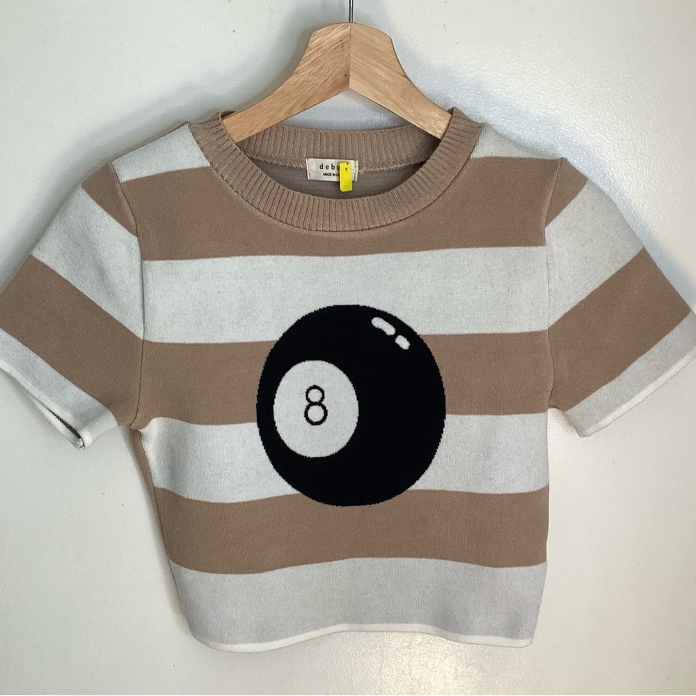 NWOT Debut Tan and White Striped Sweater with 8 Ball Design S/M